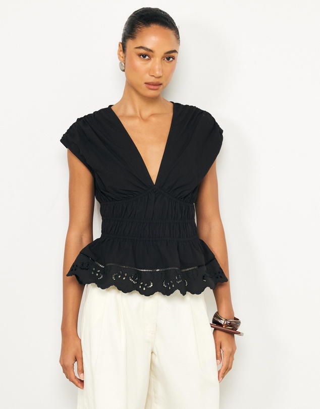 AERE - Bonnie Ruched Lace Peplum Top