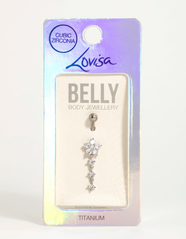 Lovisa - Titanium Flower Cubic Zirconia Drop Belly Bar