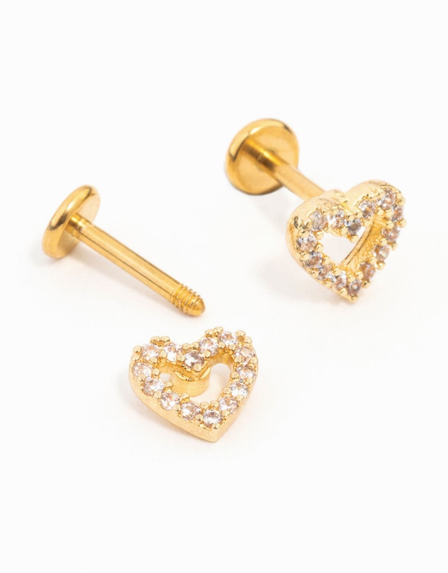Lovisa - Gold Plated Surgical Steel Cubic Zirconia Open Heart Flat Back 2-Pack
