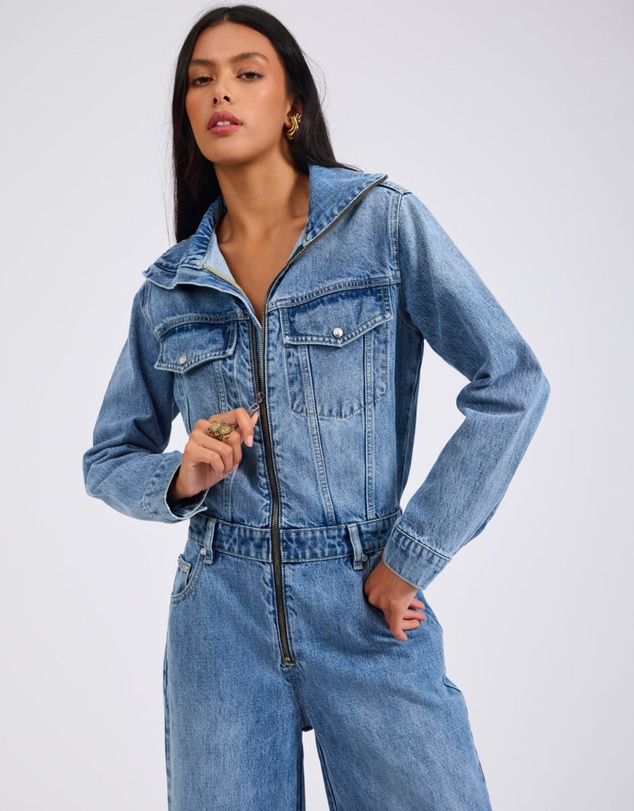 ONE TEASPOON - Charli Wide Leg Aviator Denim Jumpsuit - Pretty Blue