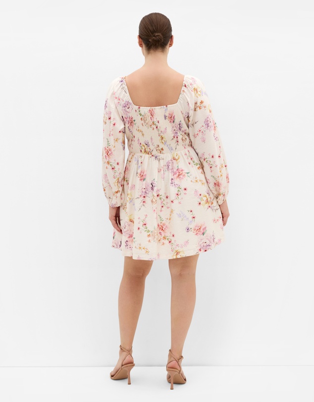 City Chic - Abbie Long Sleeve Floral Print Mini Dress - Ivory