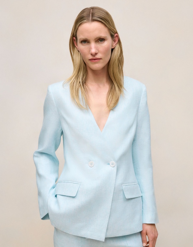 Trenery - Linen Collarless V Neck Blazer in Pastel Blue