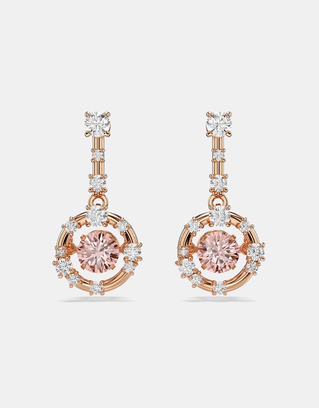Swarovski - Constella Drop Earrings, Round Cut, Dancing Stone, Pink, Rose Gold-tone Plated