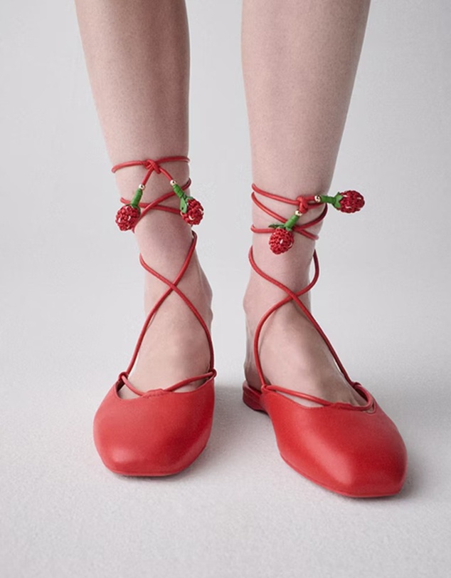 Kate Spade - Eloise Strawberry Smooth Leather Ankle Wrap Mule Flats