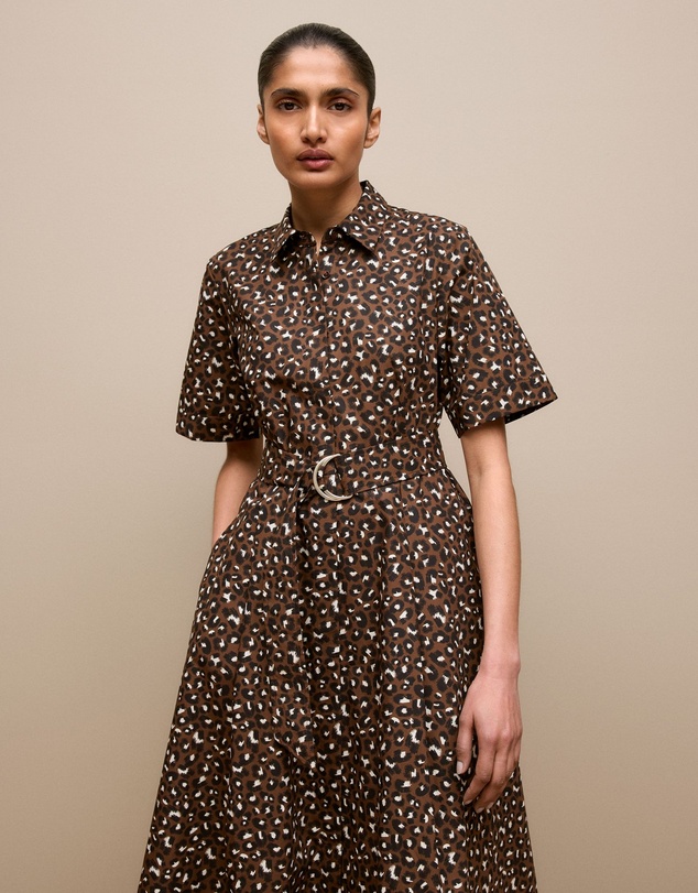 Trenery - Leopard Poplin Belted Dress in Bitter Chocolate