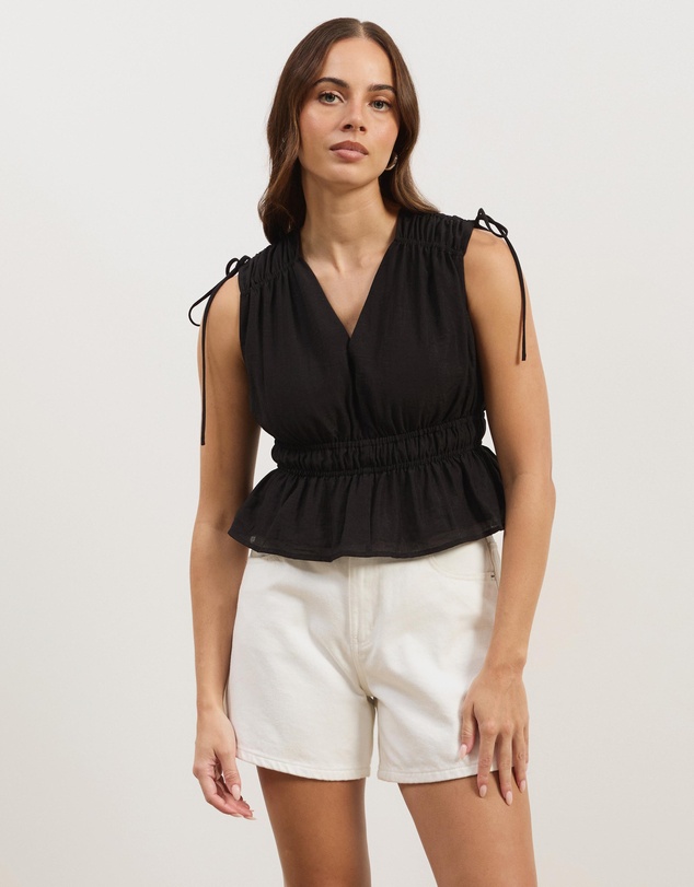 Atmos&Here - Ray Linen Blend Sleeveless Gathered Top