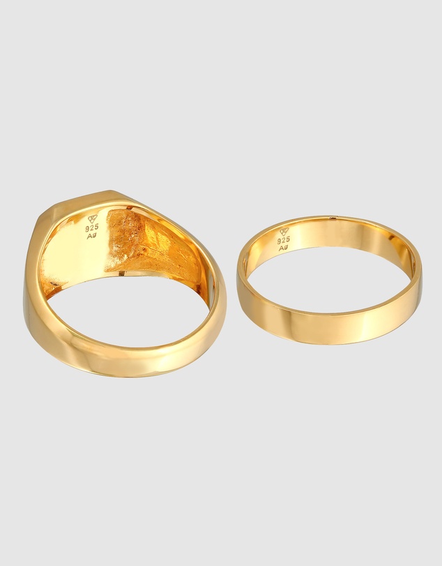 Kuzzoi - ICONIC EXCLUSIVE - Classic Band and Signet Ring Set in Gold-Plated 925 Sterling Silver