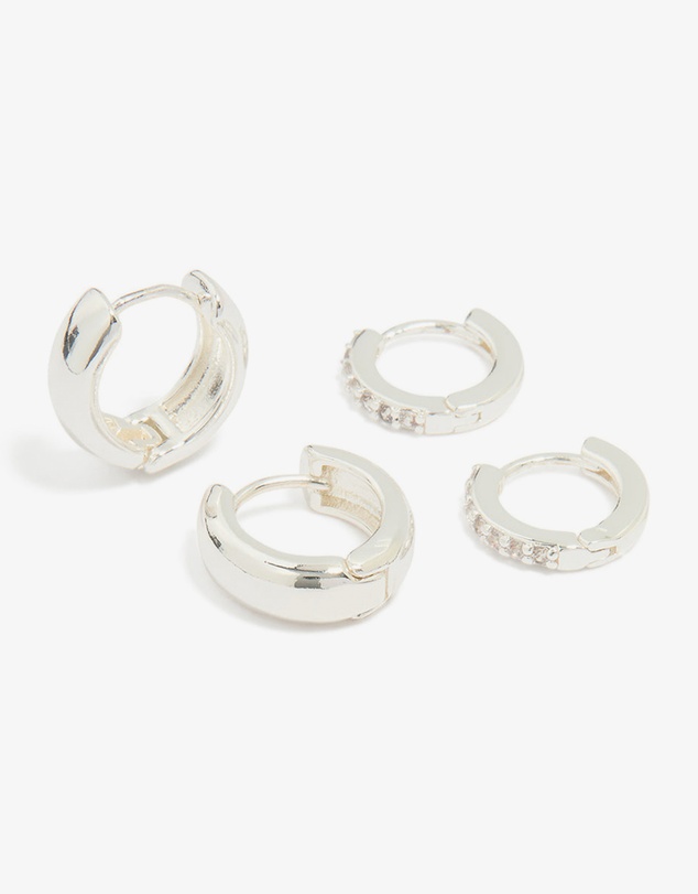 Lovisa - Silver Plated Brass Mini Cubic Zirconia & Plain Huggie Earrings 2-Pack