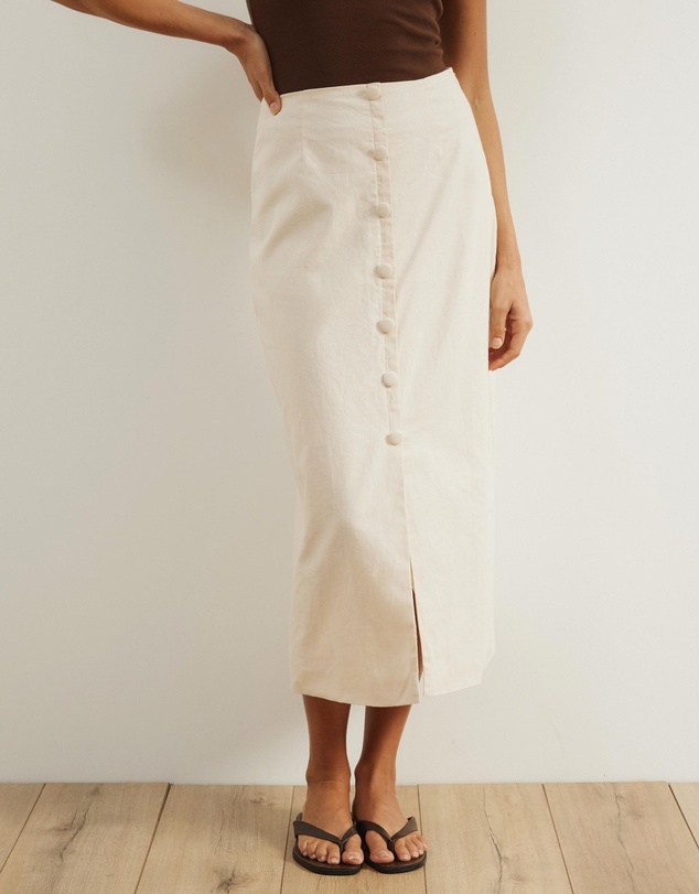 Atmos&Here - Isla Linen Blend Button Up Midi Skirt