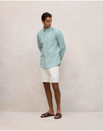 Trenery - Regular Fit Yarn Dyed Stripe Oxford Shirt in Deep Green