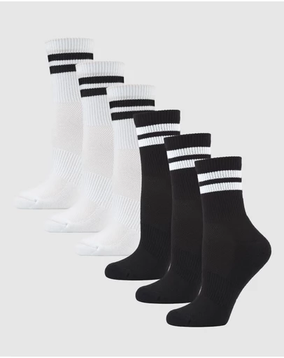 Pussyfoot - 6 Pack Unisex Striped Sport Quarter Crew Socks Bamboo Blend & Arch Support