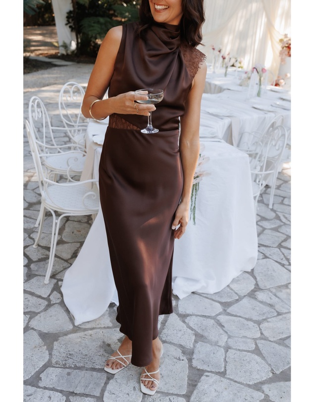 Petal & Pup - Anabelle Halter Neck Lace Maxi Dress - Chocolate Brown