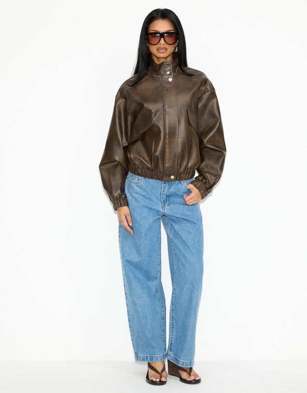 Dazie - Benson Funnel Neck PU Bomber Jacket