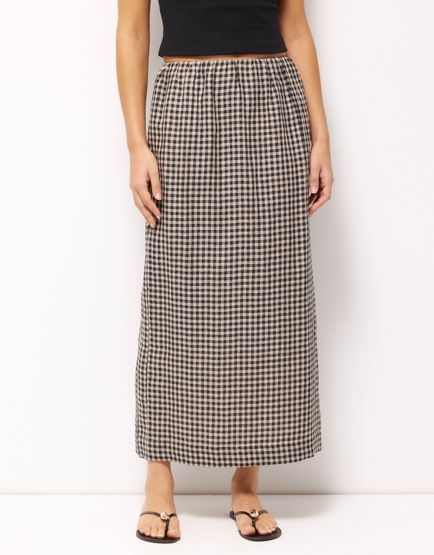 AERE - Isla Linen Gingham Midi Skirt