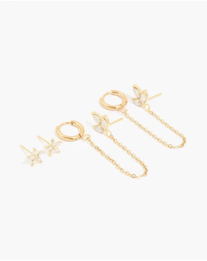 Lovisa - Waterproof Gold Plated Stainless Steel Cubic Zirconia Flower Hoop Chain & Flower Ear Stackers 2-Pack