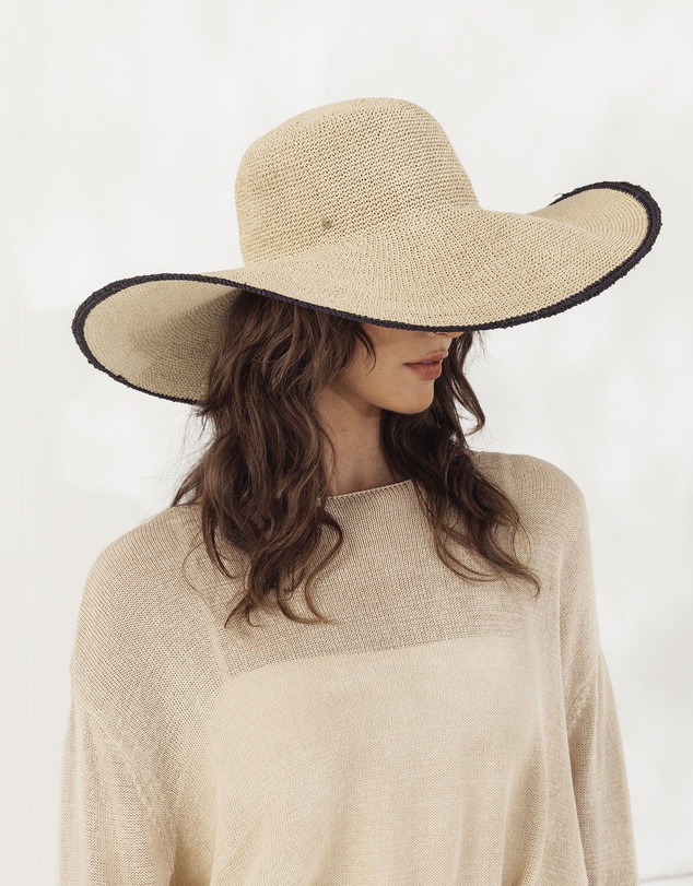 Morgan & Taylor - Raegan Crochet Straw Sun Hat in Natural Beige and Black Stripe
