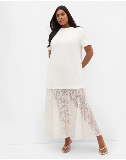City Chic - Plus size Aura Lace Hem Dress - ivory