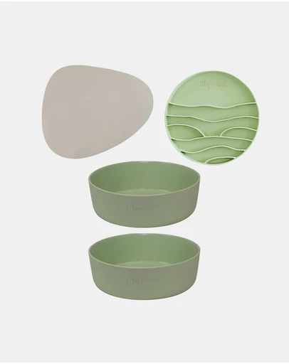 Lilly + Dash - Dog Eat and Drink Set – 2 Bowls + Lick Insert + Slate Placemat Set