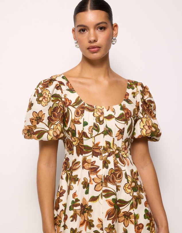 Revibe - Repaired AERE Paloma Linen Puff Sleeve Midi Dress - AU 10