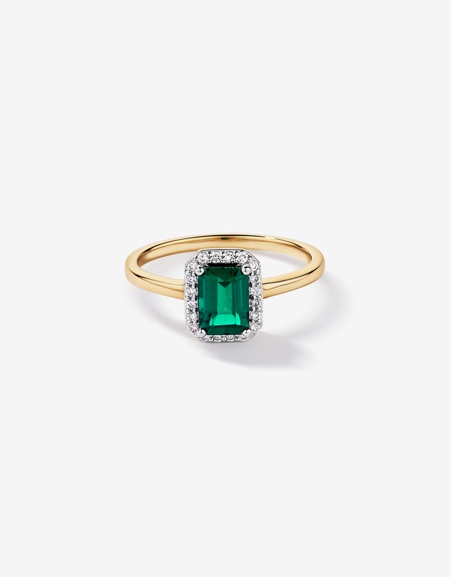 Michael Hill - Created Emerald & 0.10TW Laboratory-Grown Diamond Halo Ring in 10kt Yellow Gold and Rhodium