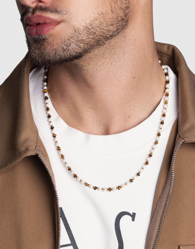 Nialaya Jewellery - Mini Beaded Necklace with Pearls and Tiger Eye
