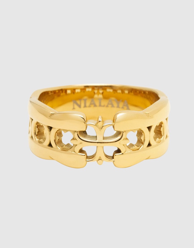 Nialaya Jewellery - Men's Cross Band Ring with Gold Plating