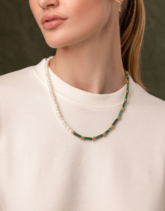 Nialaya Jewellery - Beaded Necklace with Freshwater Pearls and Green Jade
