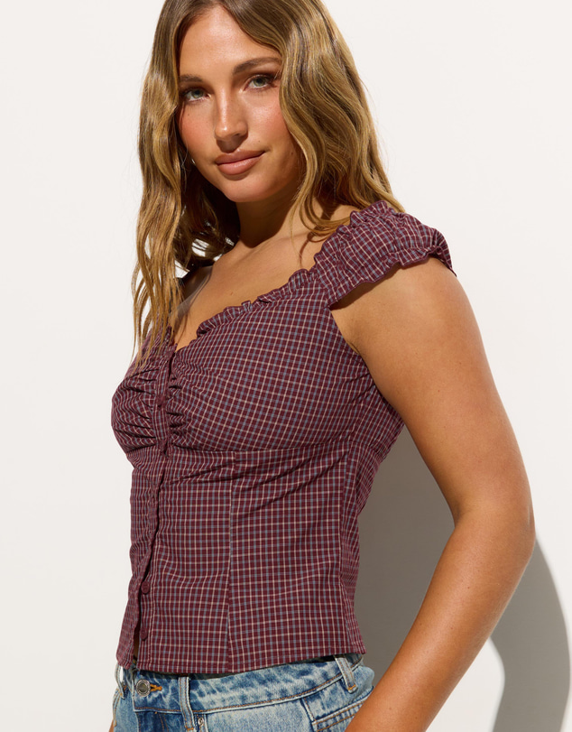 Dazie - Emerson Off Shoulder Check Blouse