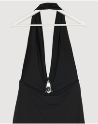 Revibe - Repaired Christopher Esber Crystal Pendant Ruched Lycra Halter Dress - AU 12