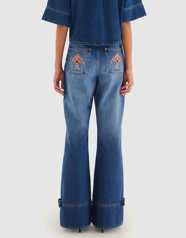 Farm Rio - Porcelain Birds Flare Denim Pants