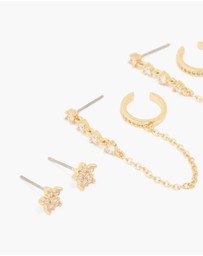 Lovisa - Gold Plated Brass Cubic Zirconia Stud & Chain Earrings 3-Pack
