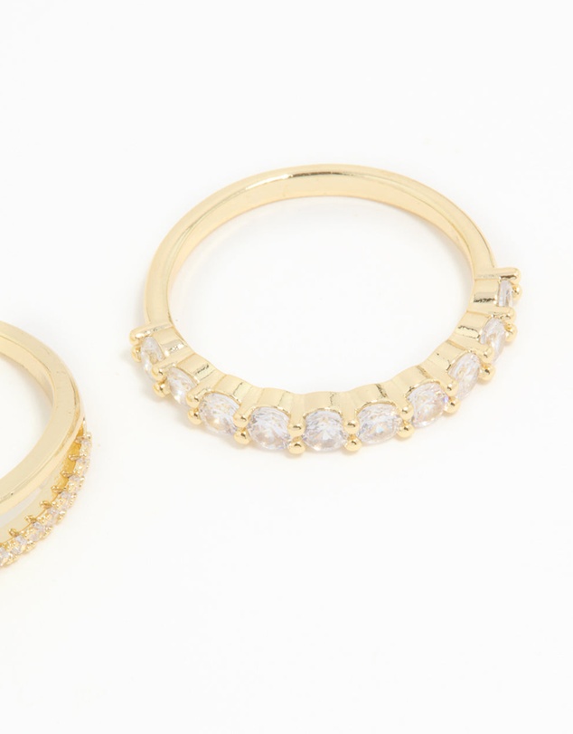 Lovisa - Gold Plated Cubic Zirconia Dainty Stacked Flower & Band Rings 2-Pack