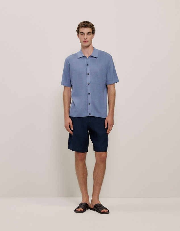 Trenery - Linen Cotton Herringbone Knit Shirt in Smoke Blue