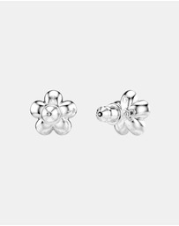 Swarovski - Ariana Grande x Swarovski Stud Earrings, Crystal Pearl, Round Cut, Flower, White, Rhodium Plated