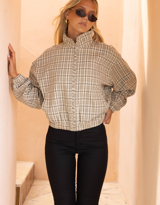 Beginning Boutique - Lee Beige Plaid Funnel Neck Jacket