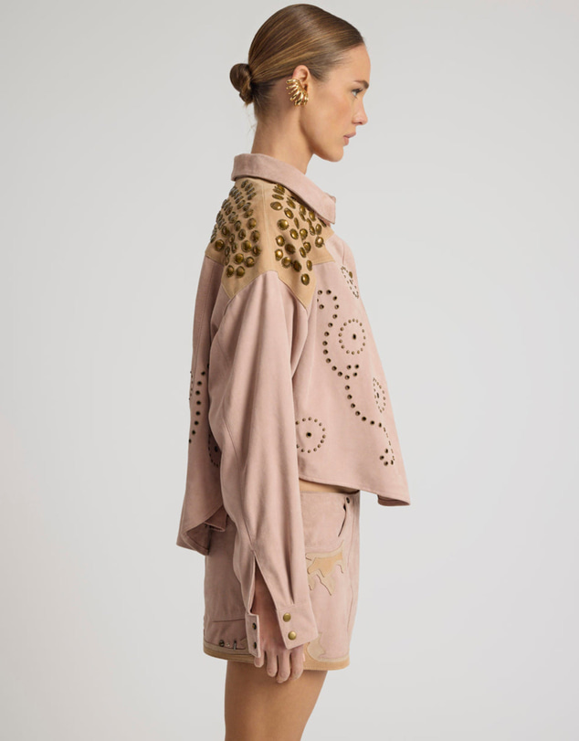 ONE TEASPOON - Rodeo Renegade Studded Embroidered Crop Suede Jack - Dusty Pink