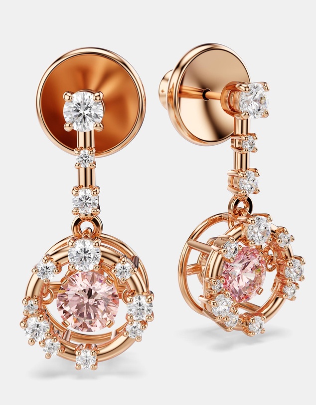 Swarovski - Constella Drop Earrings, Round Cut, Dancing Stone, Pink, Rose Gold-tone Plated