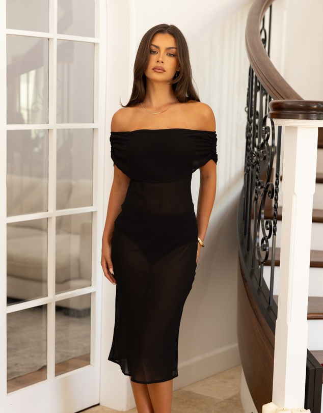 Beginning Boutique - July Black Sheer Off the Shoulder Midi Dress