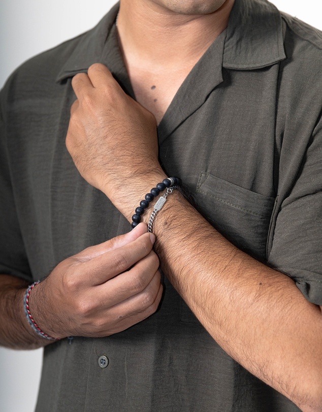 Kuzzoi - ICONIC EXCLUSIVE - Bracelet Set Onyx Stone Curb Chain Masculine in 925 Sterling Silver