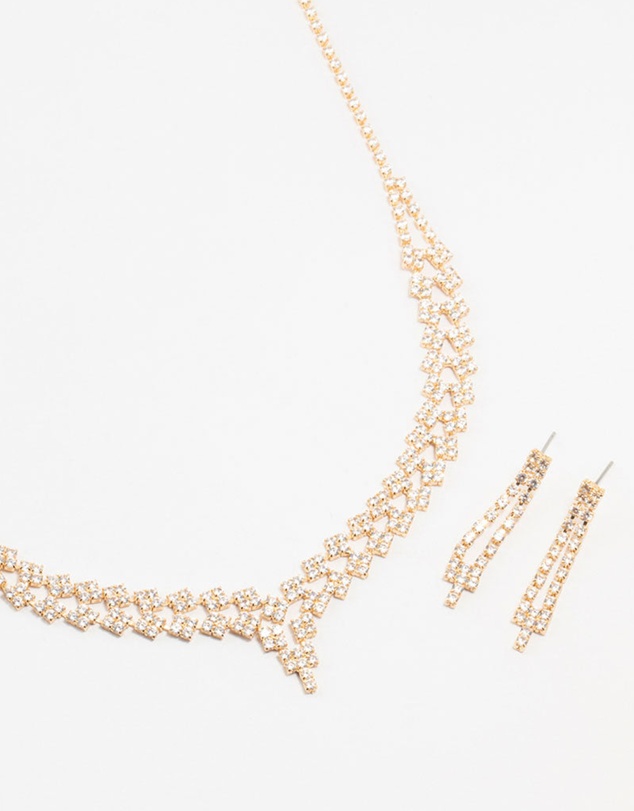 Lovisa - Gold Cubic Zirconia 2 Row Necklace and Earrings Set