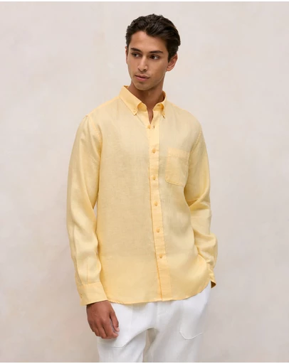 Trenery - Regular Fit Linen Classic Long Sleeve Shirt in Butter