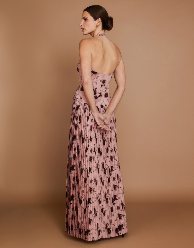 Six Stories - Floral Halter Neck Pleated Ruffle Maxi Dress