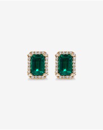 Michael Hill - Emerald Cut Green Created Emerald Gemstone and Diamond Halo Earrings in 10kt Yellow Gold