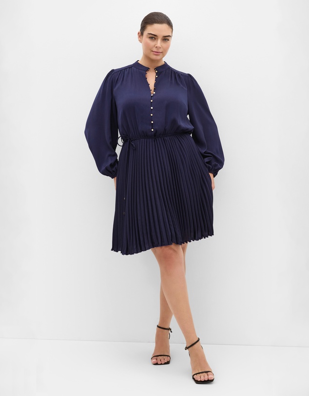 City Chic - Halle Long Sleeve Pleat Mini Dress