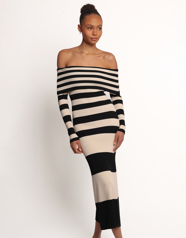 Petal & Pup - Banks Off Shoulder Knit Dress - Black Cream Stripe