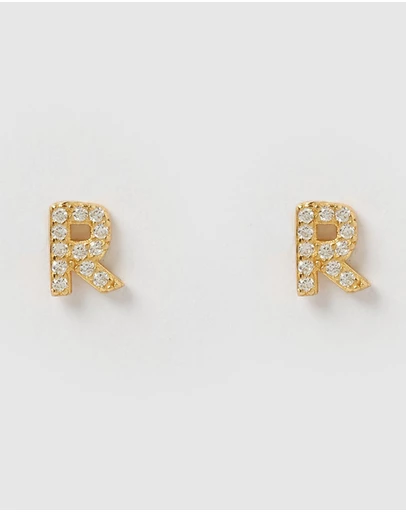 Izoa - Alphabet Mini Letter R Stud Earrings Gold