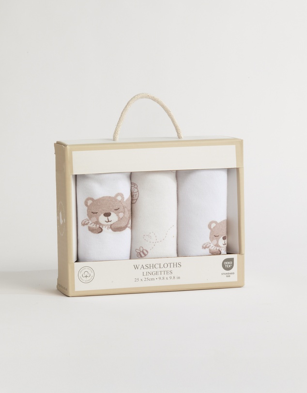 Living Textiles - 3 Pack Organic Wash Cloths - Cuddly Bear