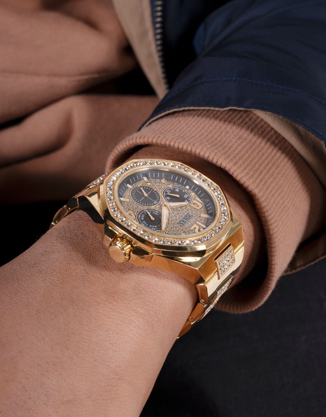 GUESS - Gold-Tone Multi-function Men's 46mm Black Dial with Crystals on Bezel and Strap Analogue Watch