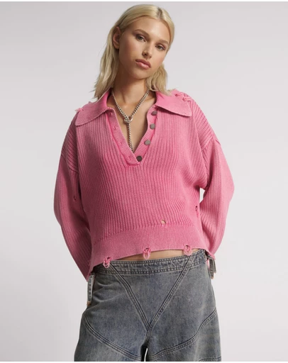 ONE TEASPOON - Rib College Pullover Sweater - Pink