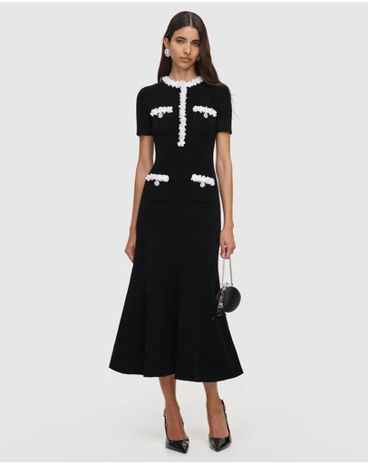 Self Portrait - Chenille Knit Flower Trim Midi Dress